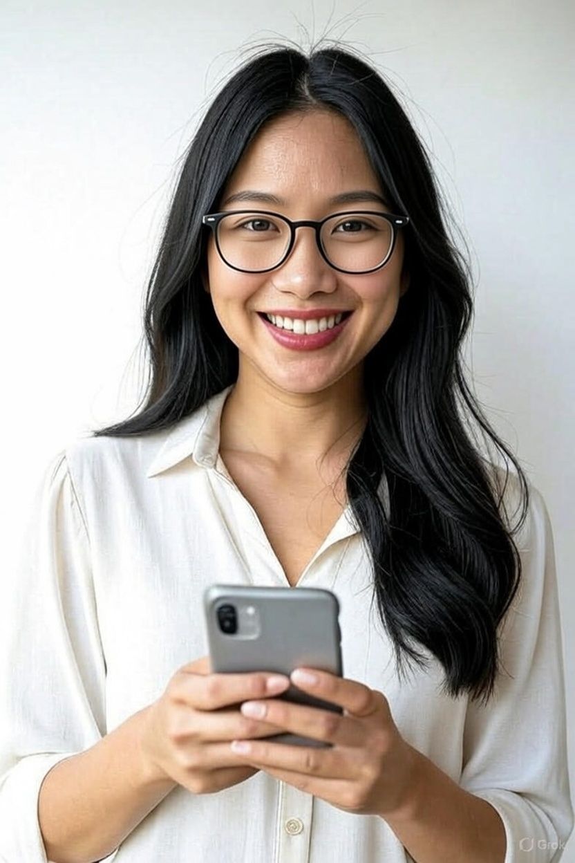 Mujer sonriente solicitando préstamo desde su teléfono